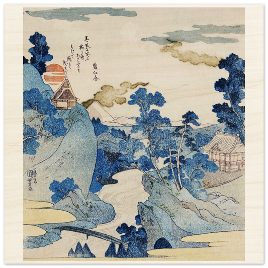 Traditional Japanese landscape print with mountains, trees, and a building.