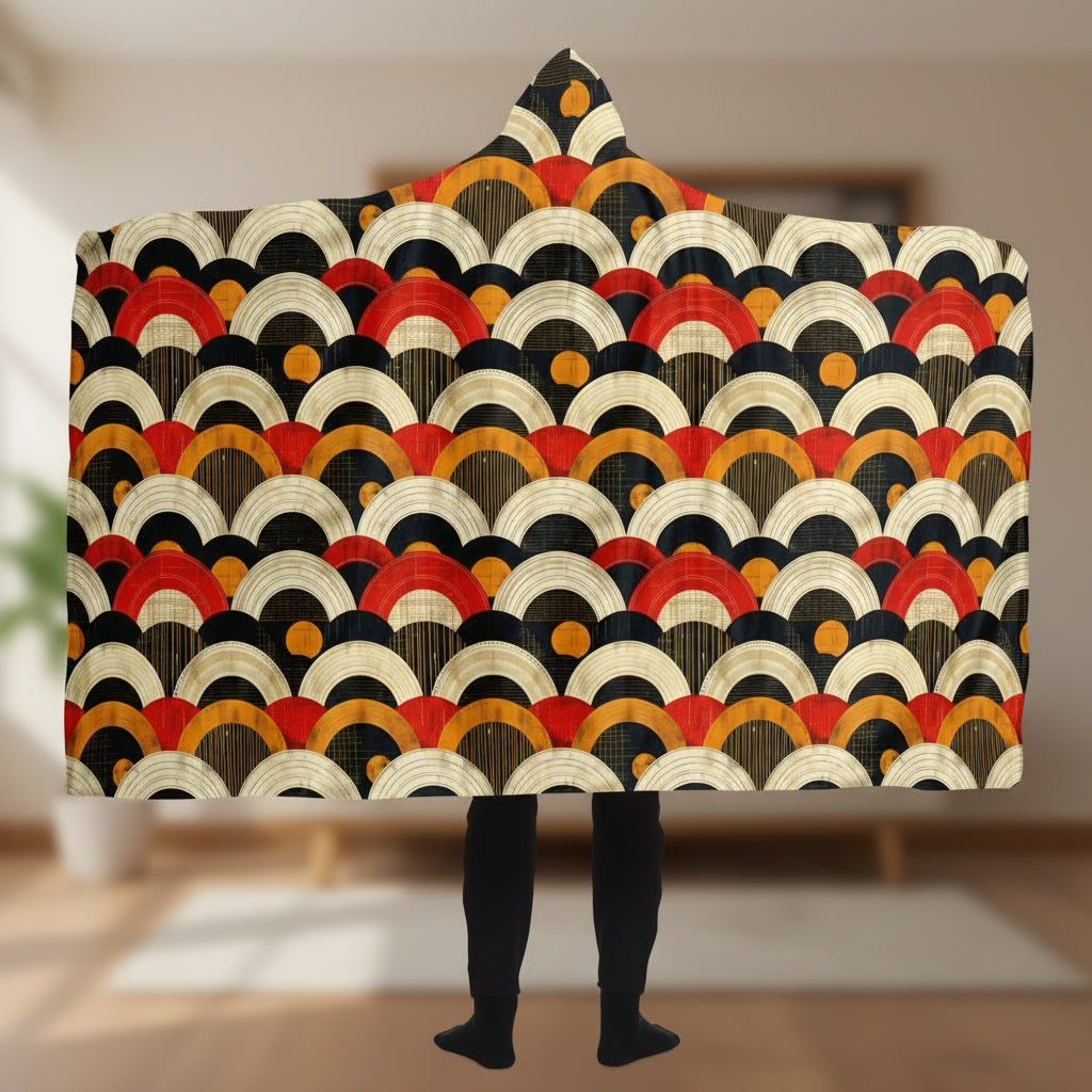 Hooded blanket with a colorful geometric pattern on a white background