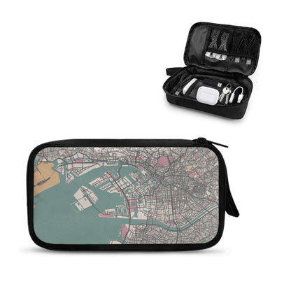 A premium tech organizer pouch featuring a detailed pastel-colored cartographic map of Tokyo, Japan, designed for sophisticated electronics storage and travel.