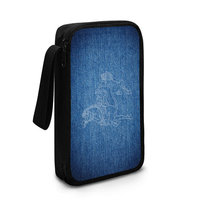 Blue textured bag with a black strap on a white background