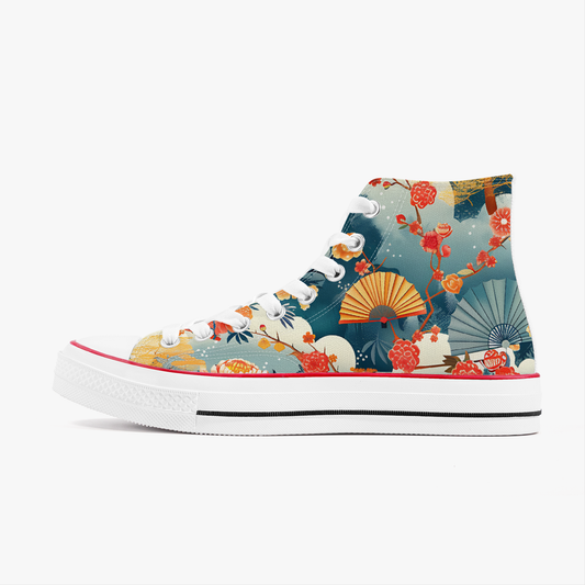 Colorful high-top sneaker with floral and fan design on a white background