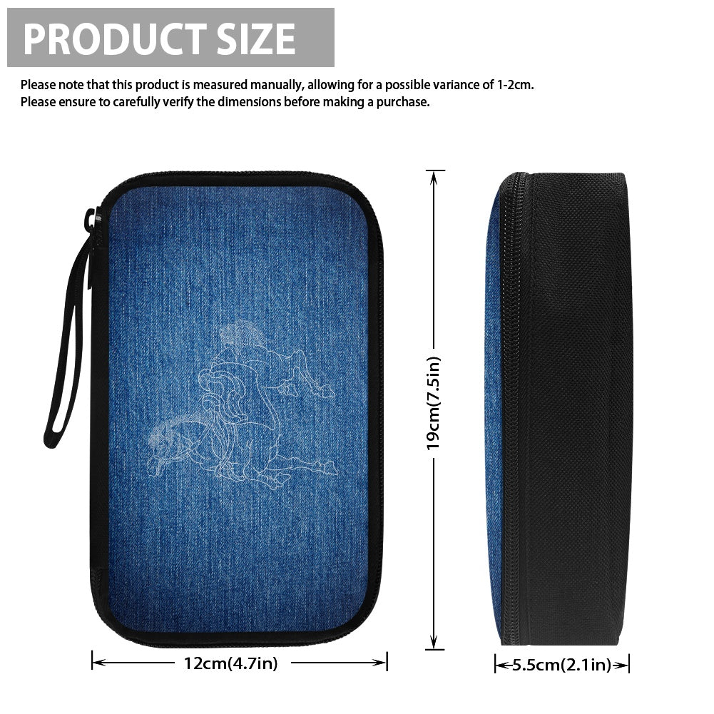 Blue denim-patterned case with black zipper, showing dimensions on a white background.