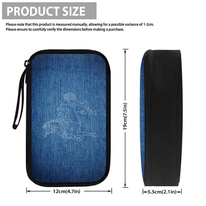 Blue denim-patterned case with black zipper, showing dimensions on a white background.