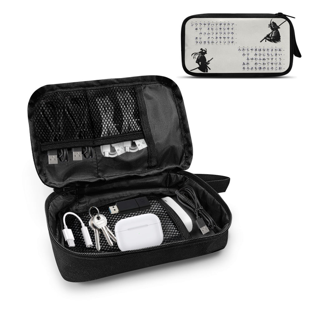 Black travel organizer with compartments containing electronic devices on a white background
