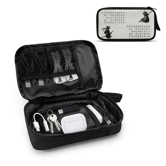 Black travel organizer with compartments containing electronic devices on a white background