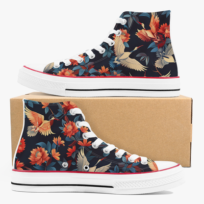 Floral patterned high-top sneakers with a cardboard box on a white background