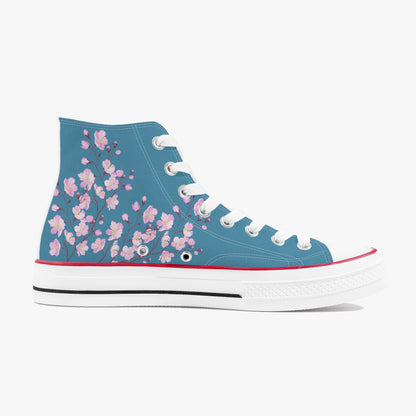 Blue high-top sneaker with floral design on a white background