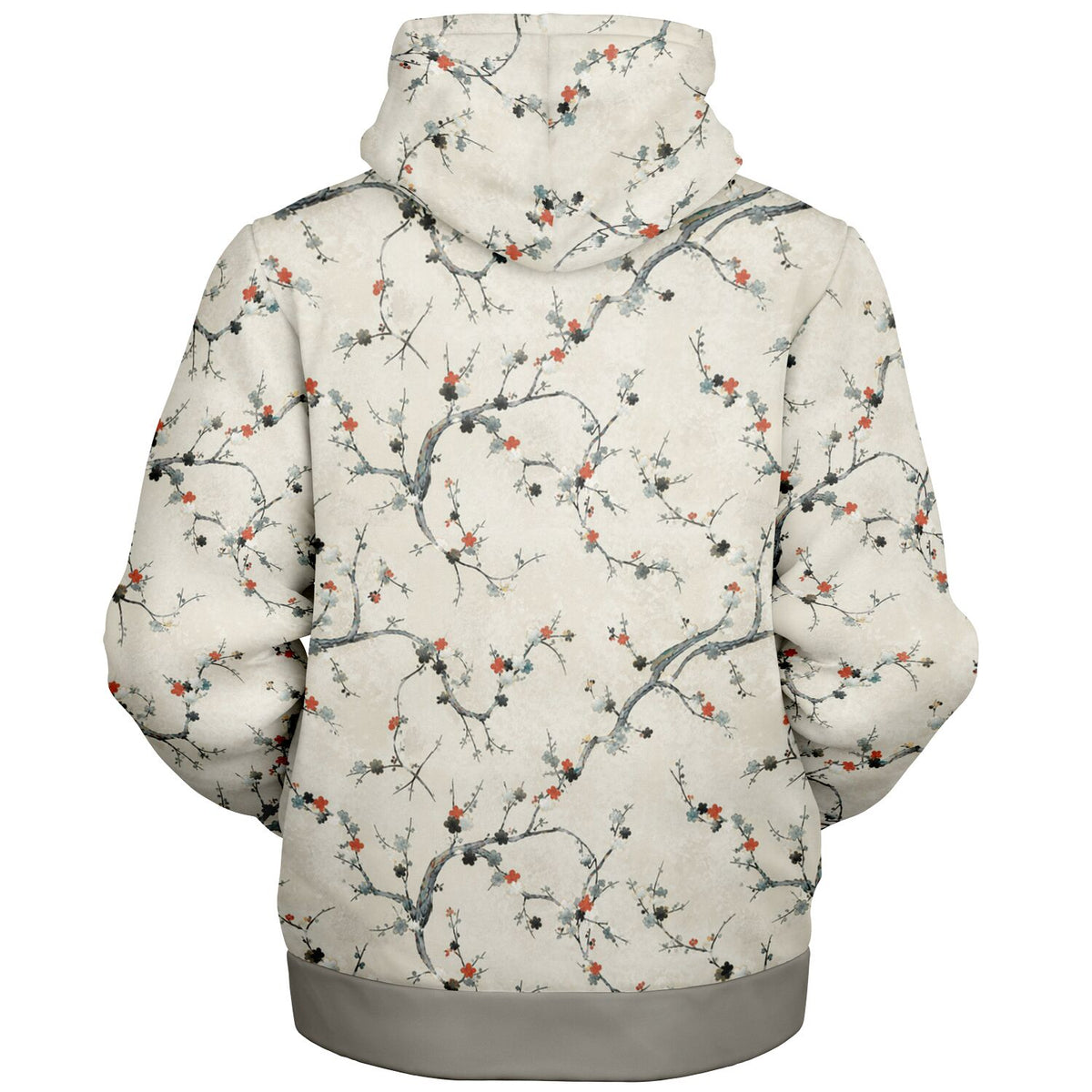 A hooded sweatshirt shown from the back, featuring an all-over cherry blossom branch print on a light cream background with gray branches and small red-orange blossoms. The bottom hem and cuffs are solid gray.