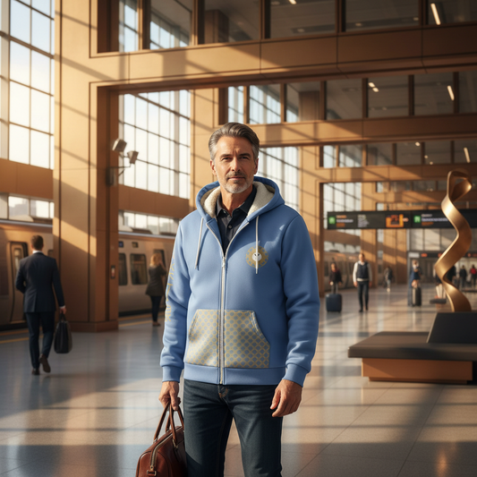 Man in a blue hoodie standing in a modern train station.