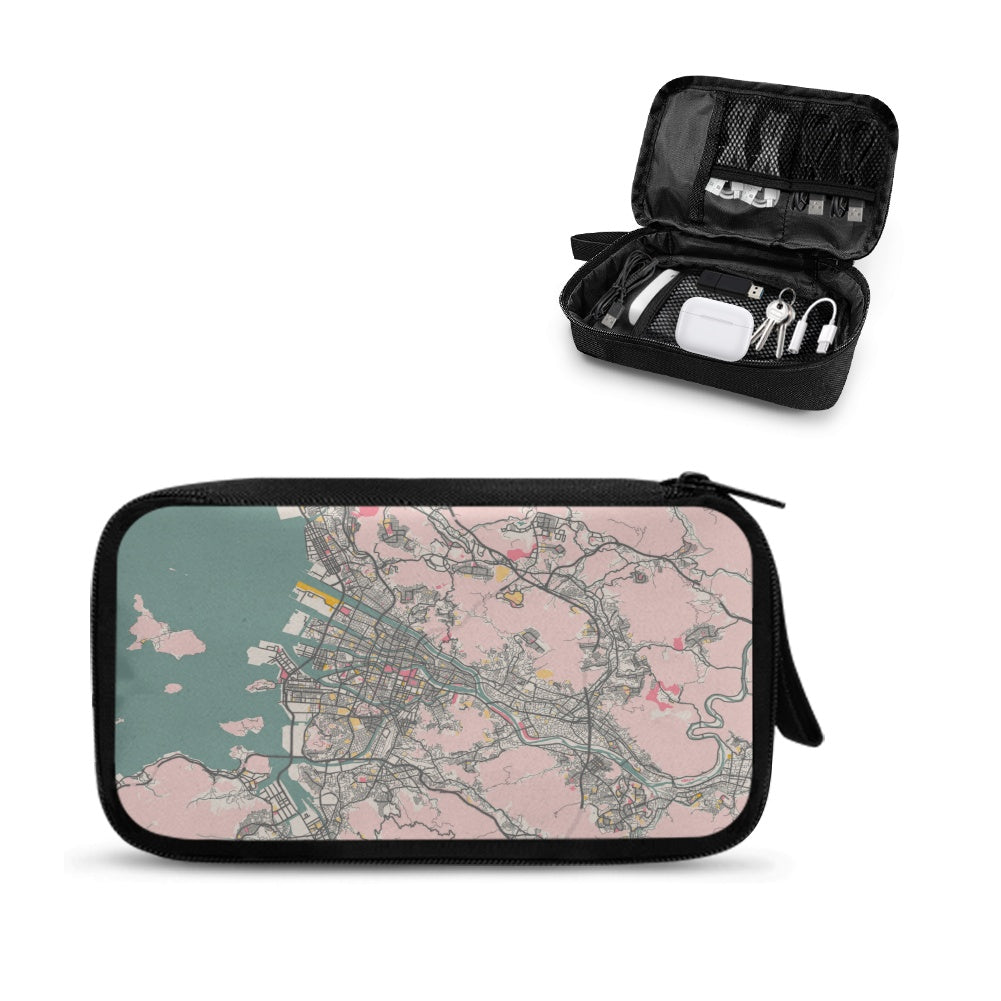 A premium pastel-toned tech organizer pouch featuring a detailed cartographic map of Hiroshima, Japan, designed for elegant electronics storage and professional travel.