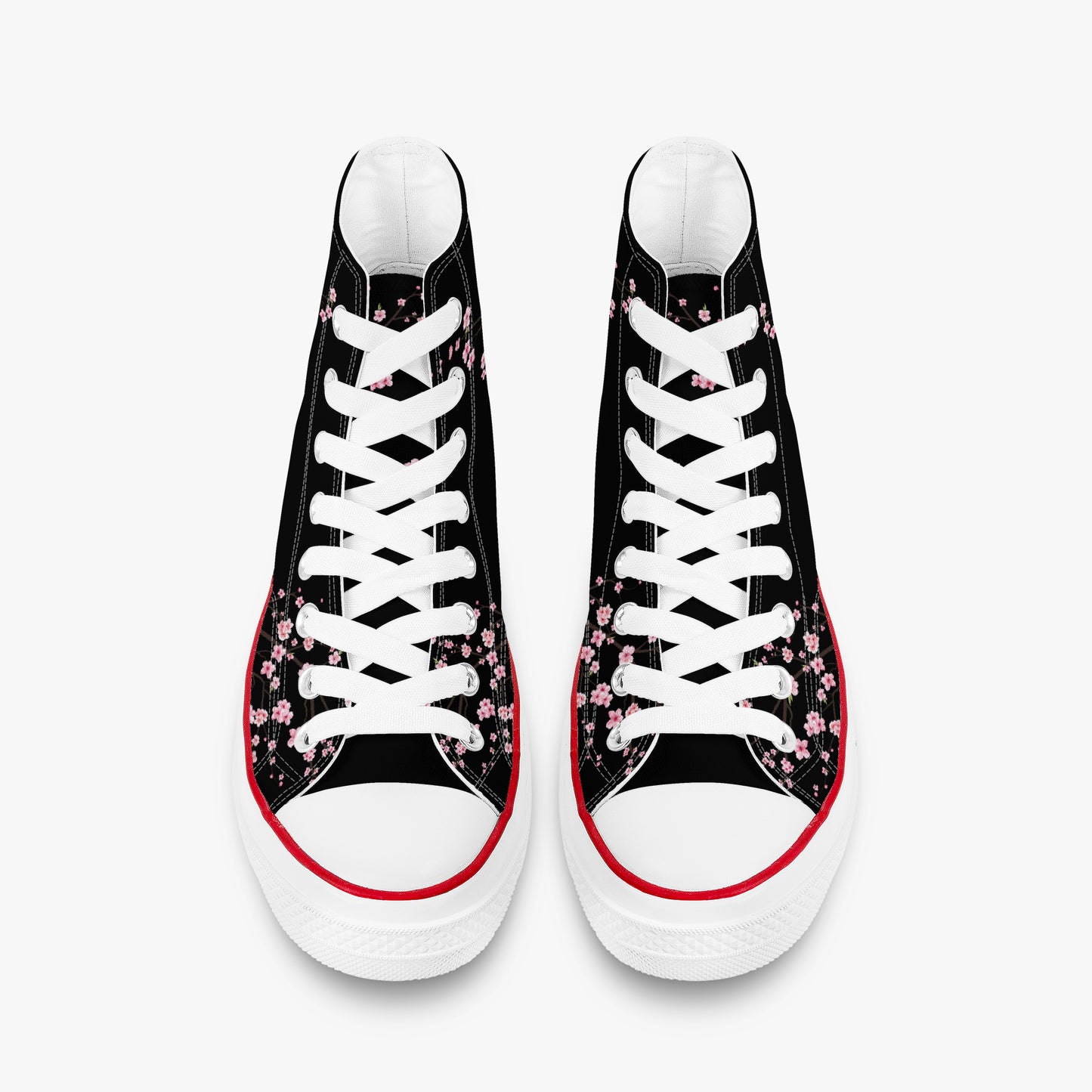 Black high-top sneakers with white laces and floral patterns on a white background