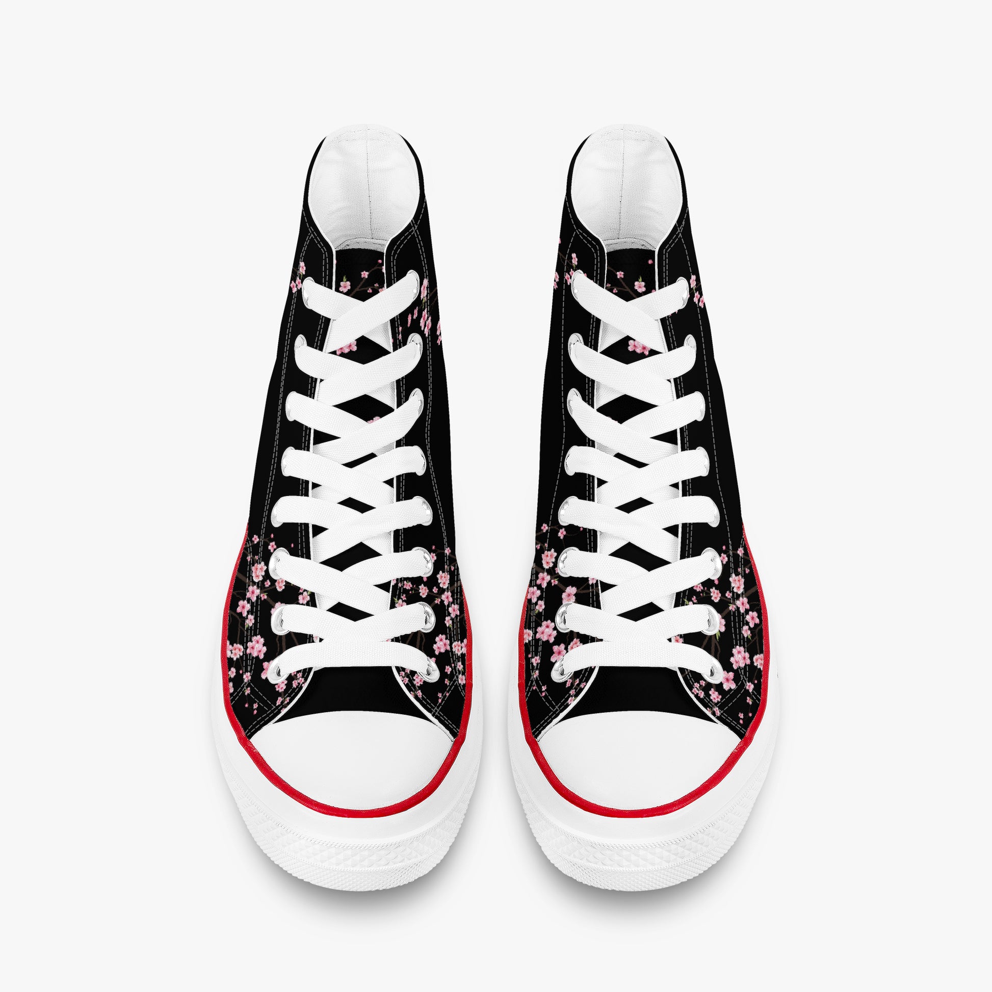 Black high-top sneakers with white laces and floral patterns on a white background