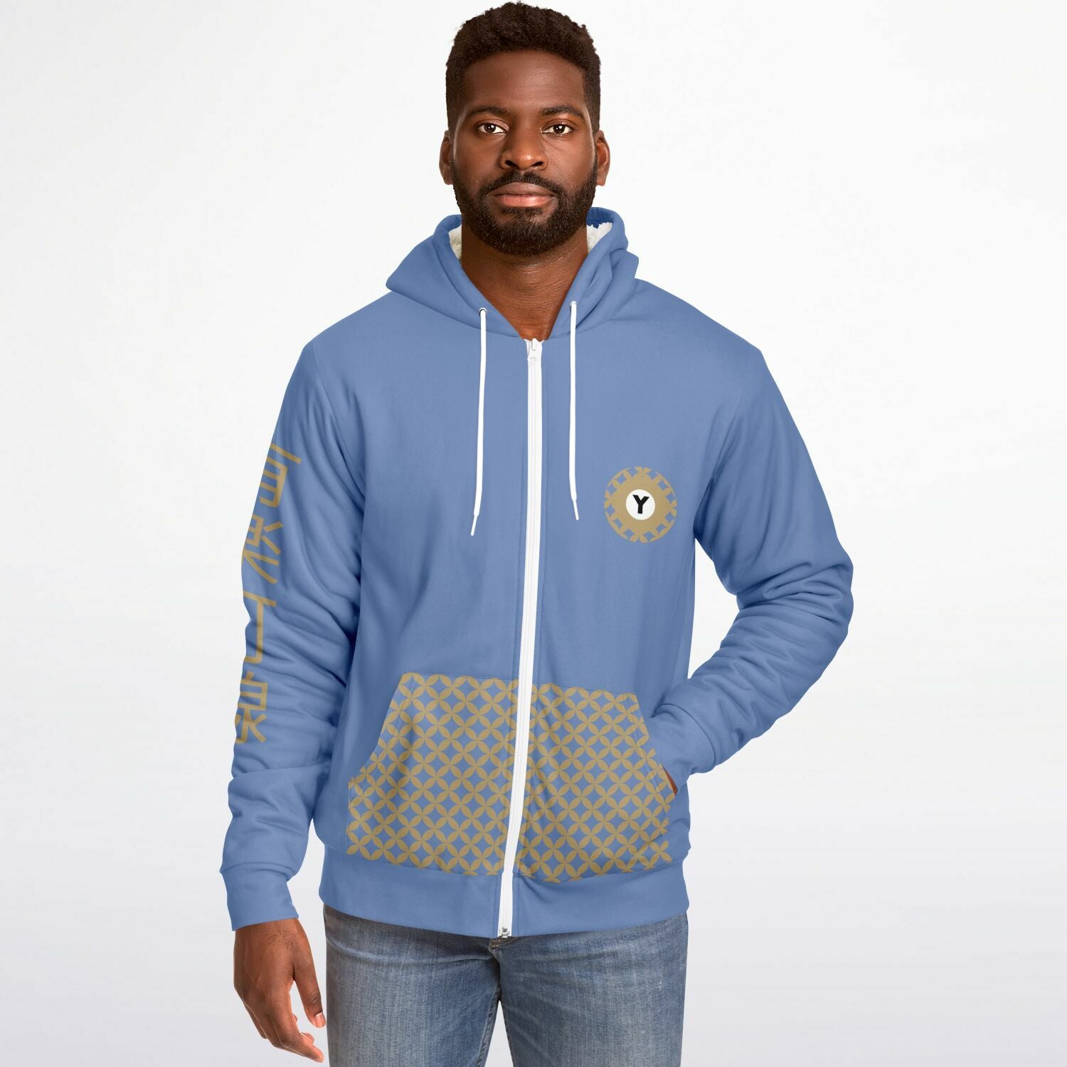 Yurakucho Line Ultra-Soft Microfleece Blue and Gold Zip Hoodie