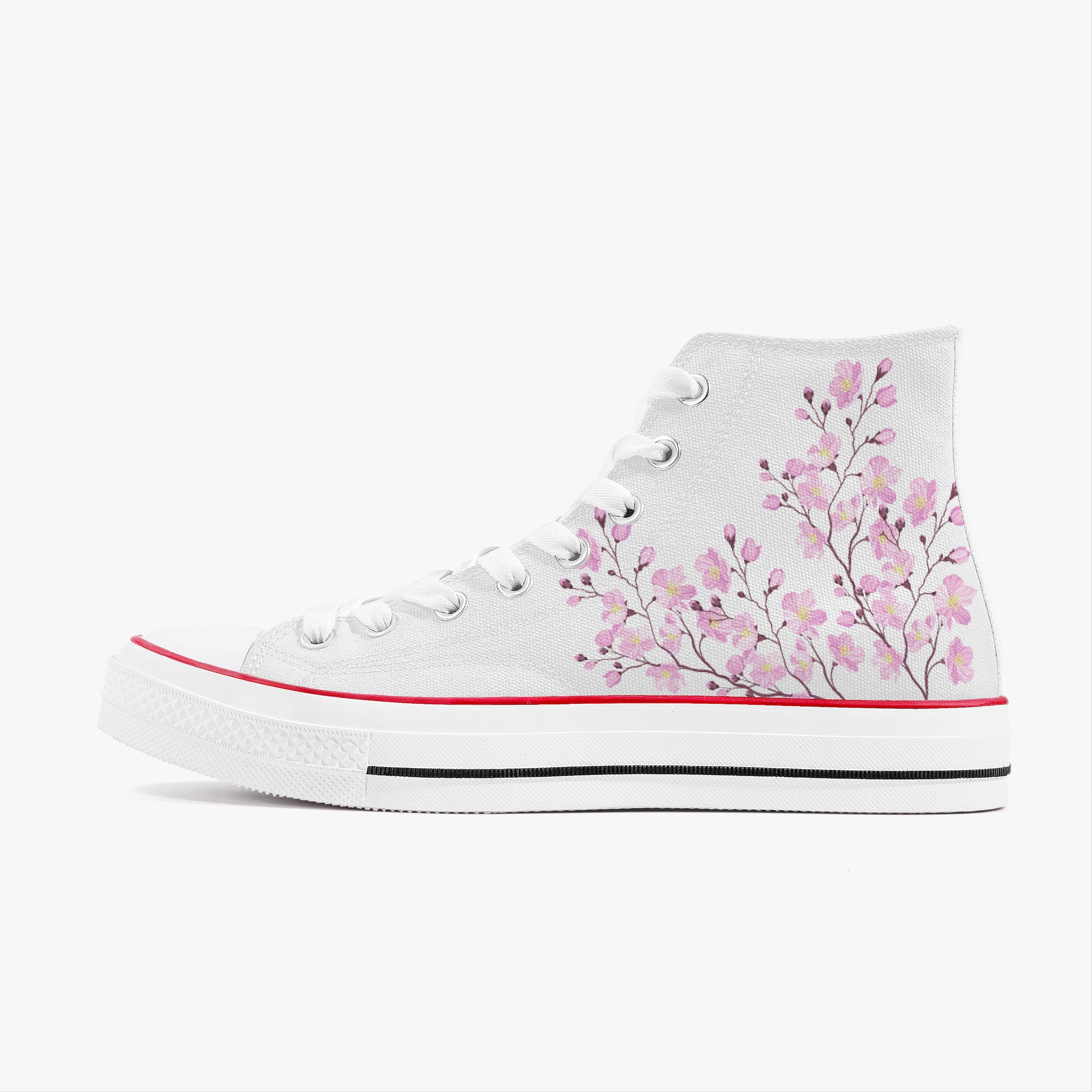 White high-top sneaker with pink floral design on a white background