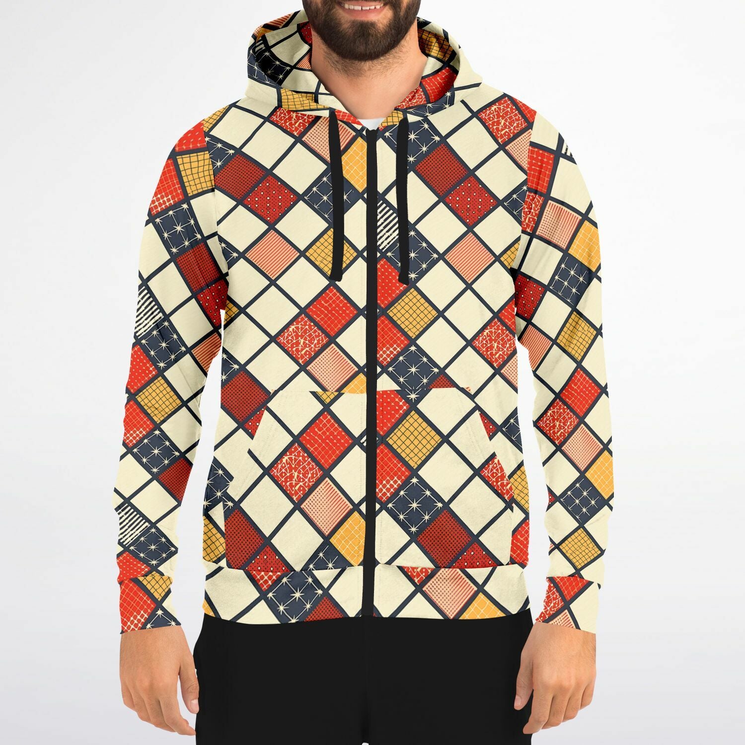 Colorful geometric patterned hoodie on a white background