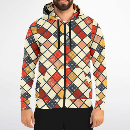 Colorful geometric patterned hoodie on a white background
