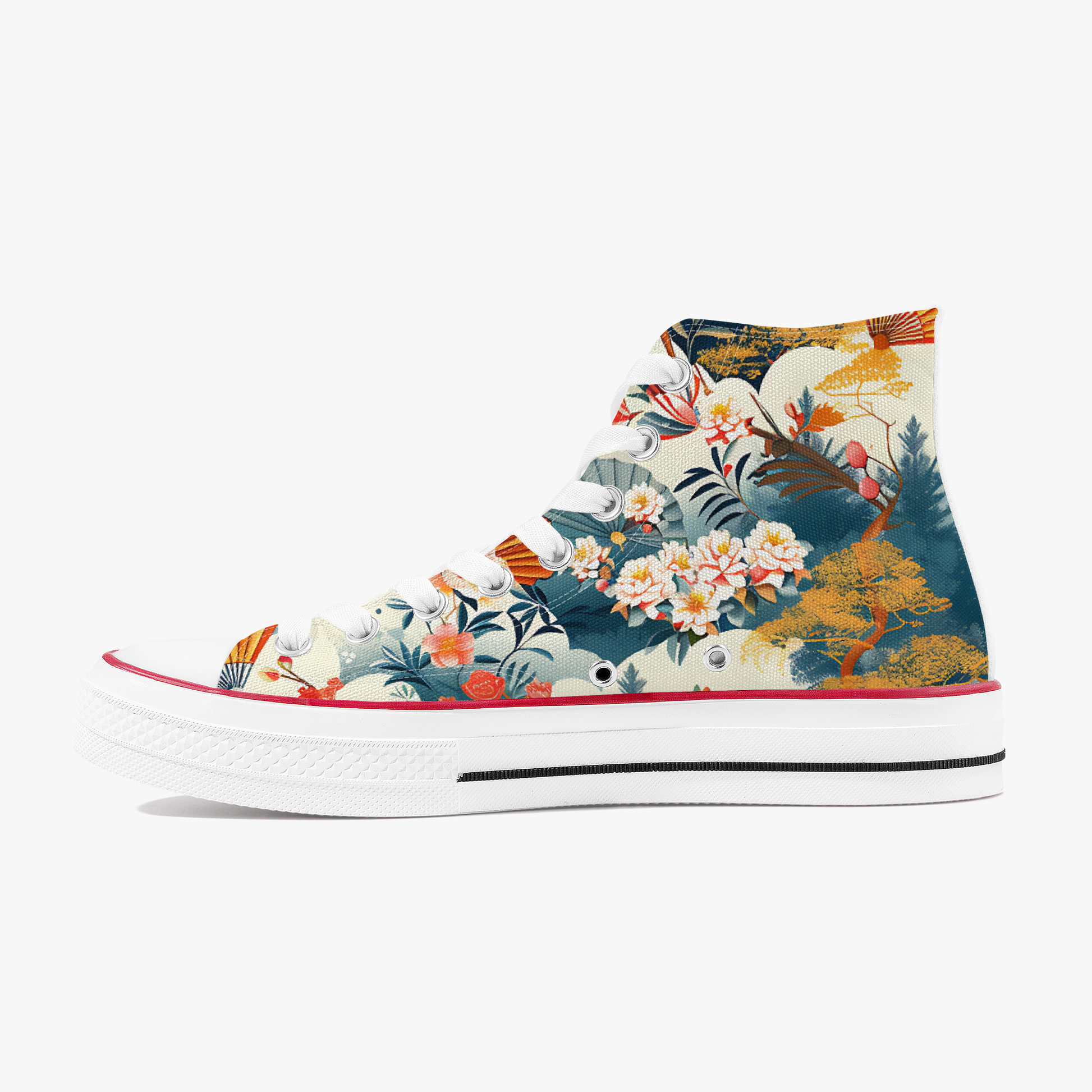 High-top sneaker with floral and nature-themed design on a white background