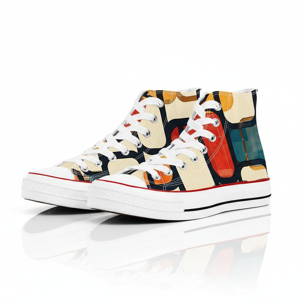 lack and white Enso Rounded Grid geometric pattern high top canvas shoes with Zen Circle inspiration.