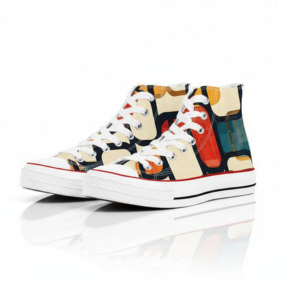 lack and white Enso Rounded Grid geometric pattern high top canvas shoes with Zen Circle inspiration.
