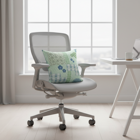 Gray office chair with a green pillow in a bright room with a desk and laptop.