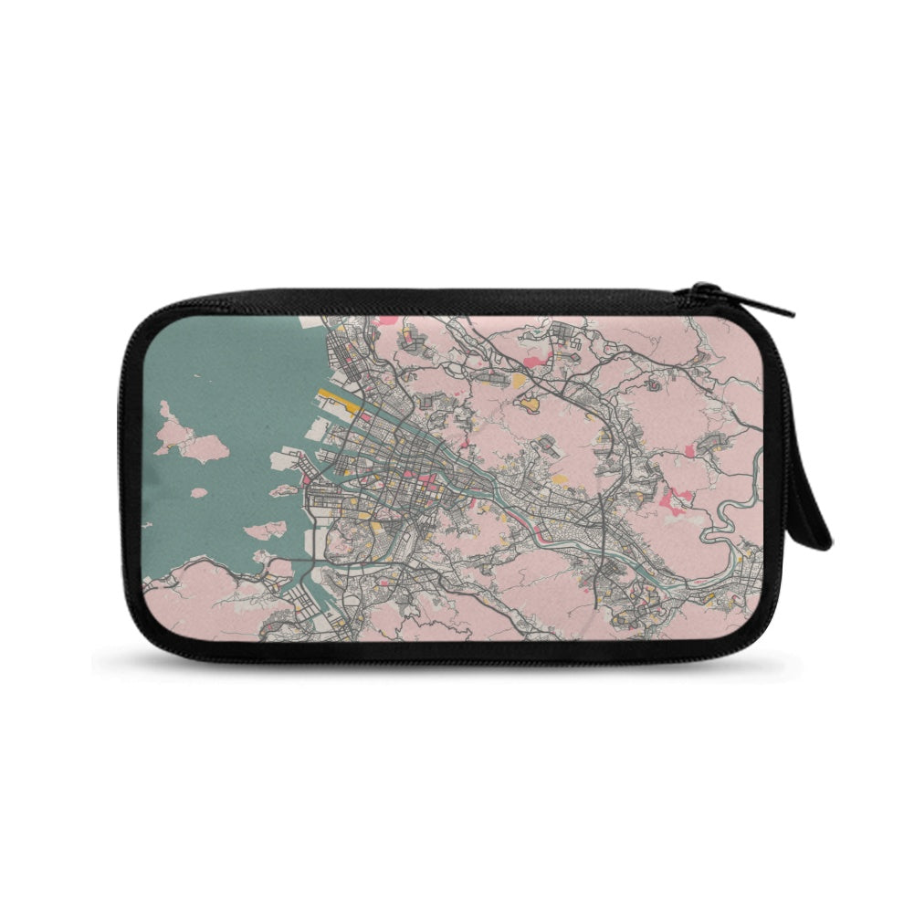 Pouch with a map design on a white background