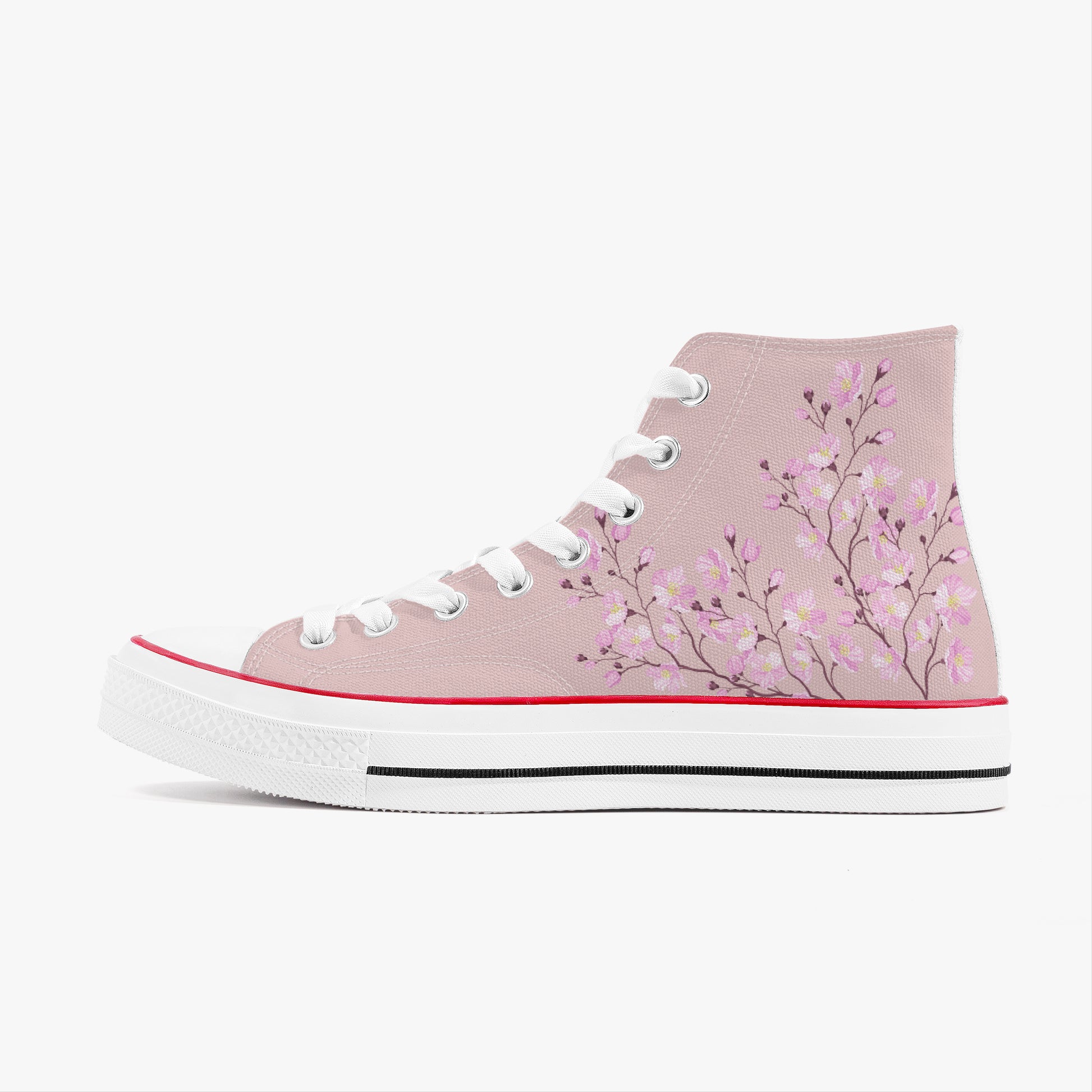 Pink high-top sneaker with floral design on a white background