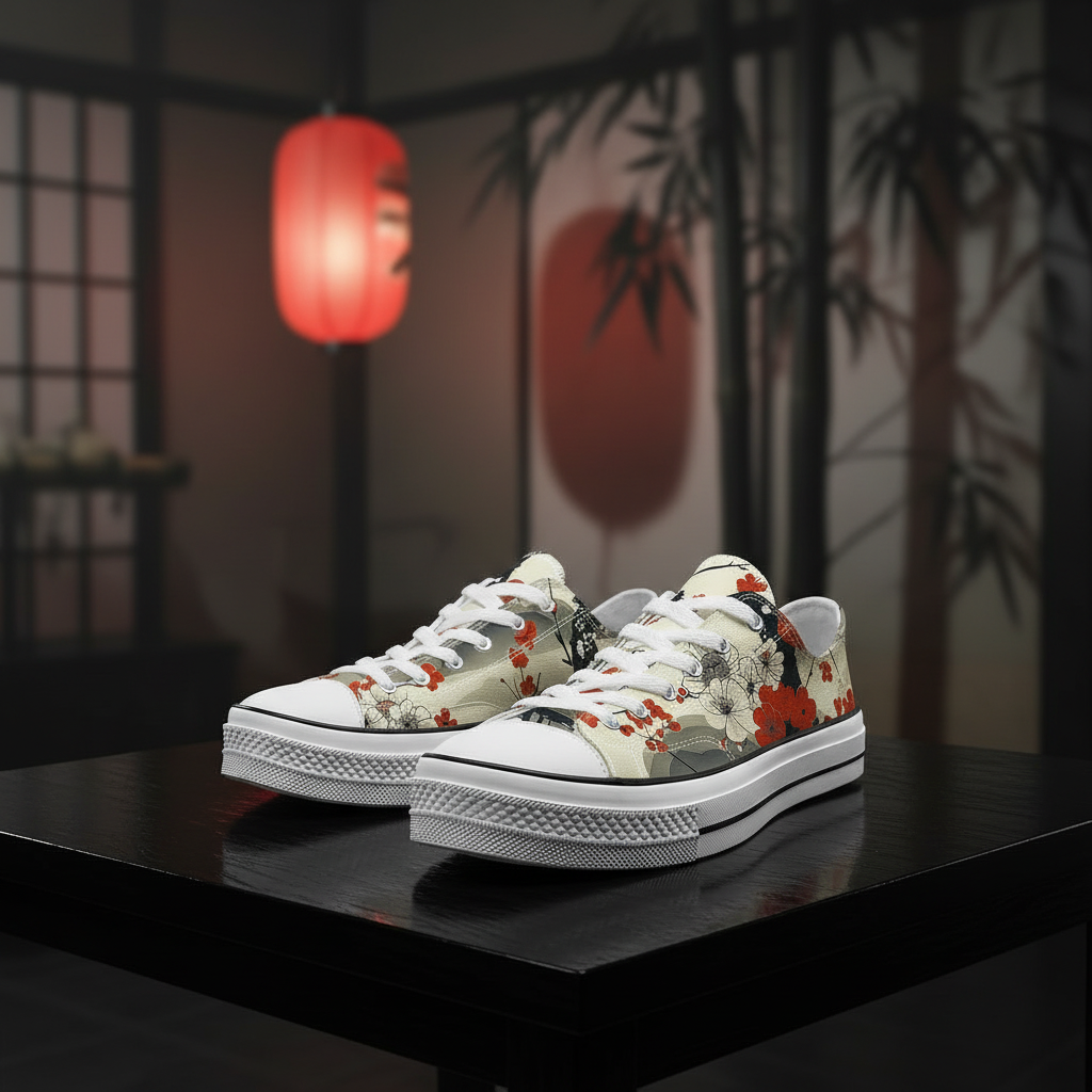 White sneakers with floral patterns on a dark surface, with a blurred background featuring a red lantern and Japanese-style wall art.