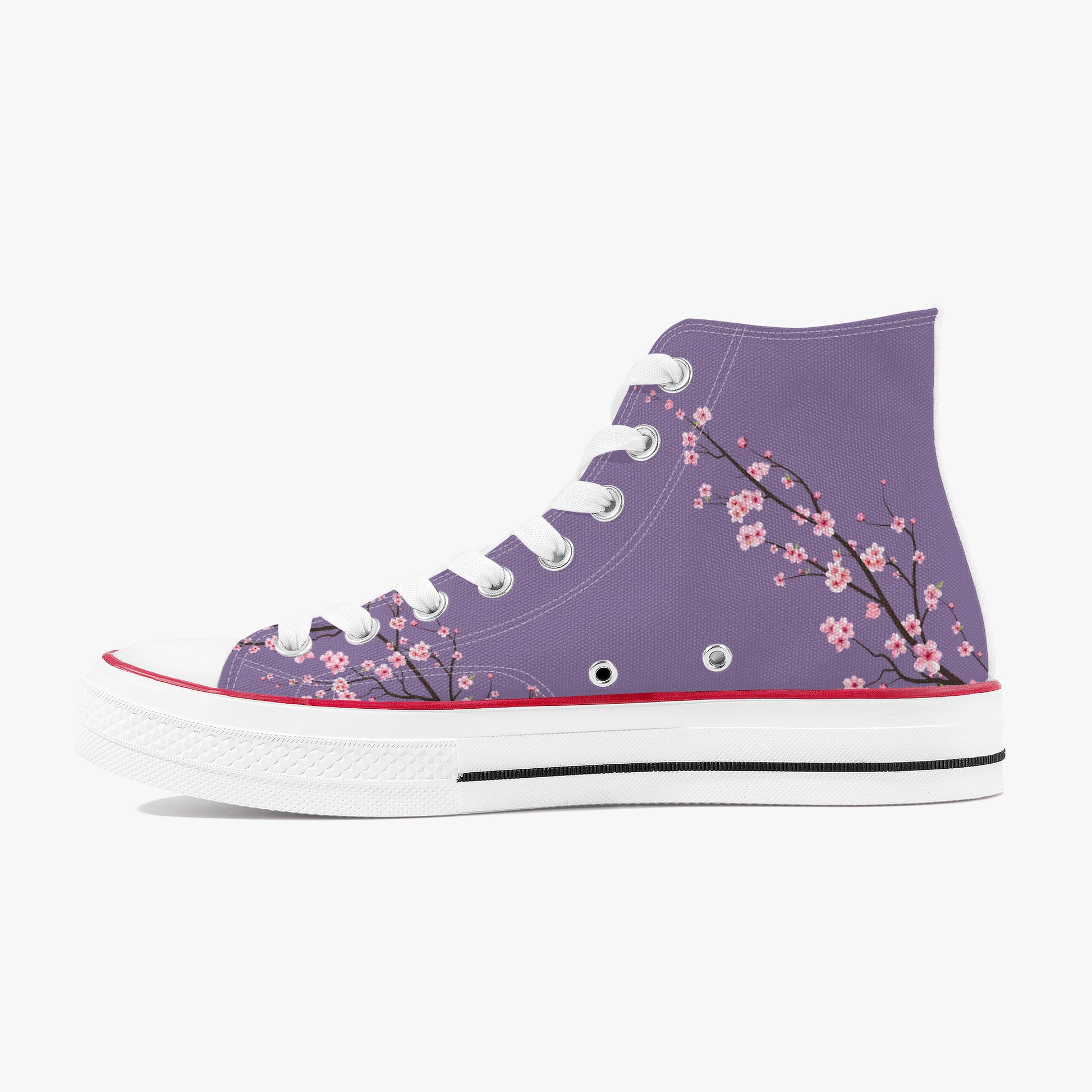 Purple high-top sneaker with cherry blossom design on a white background