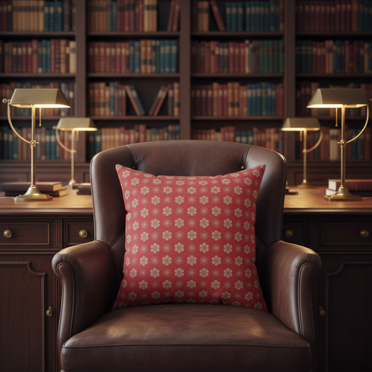 Brown armchair with a patterned red pillow in a room with bookshelves and desk lamps.