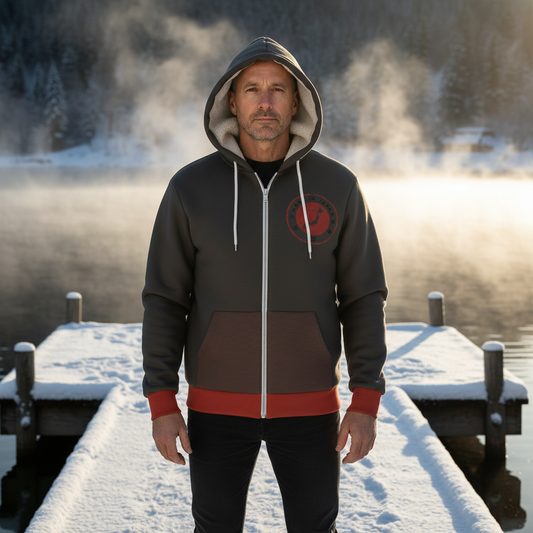 Man wearing a hoodie with a logo on a snowy dock