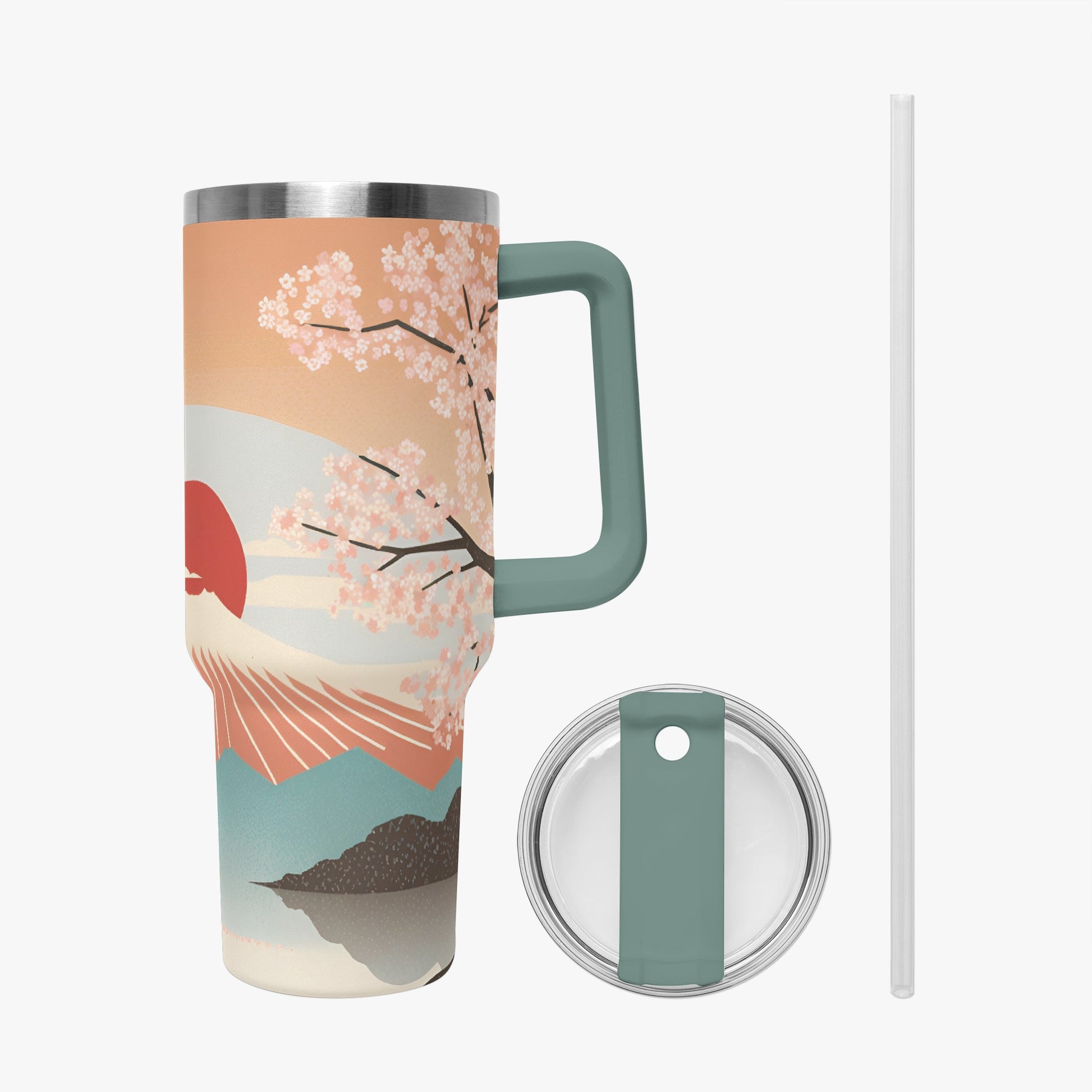 Sunrise Temple Car Tumbler Cup green/grey Handle