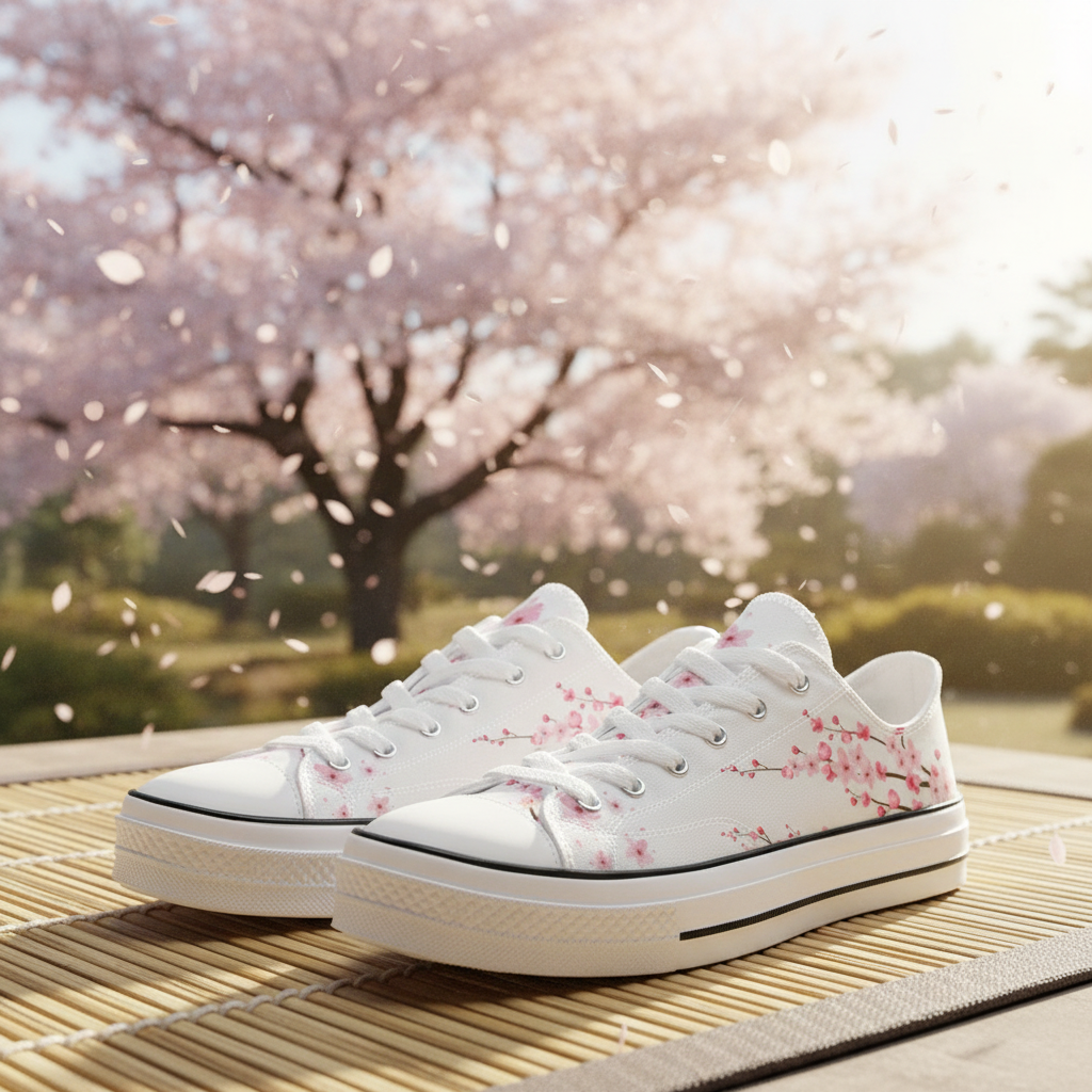 White sneakers with cherry blossom design on a wooden surface with cherry blossoms falling in the background.