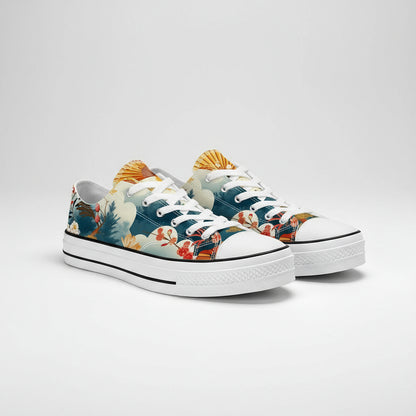 Premium low-top canvas sneakers featuring an artistic scene of vibrant orange and white koi fish swimming through deep teal waters and green lily pads.