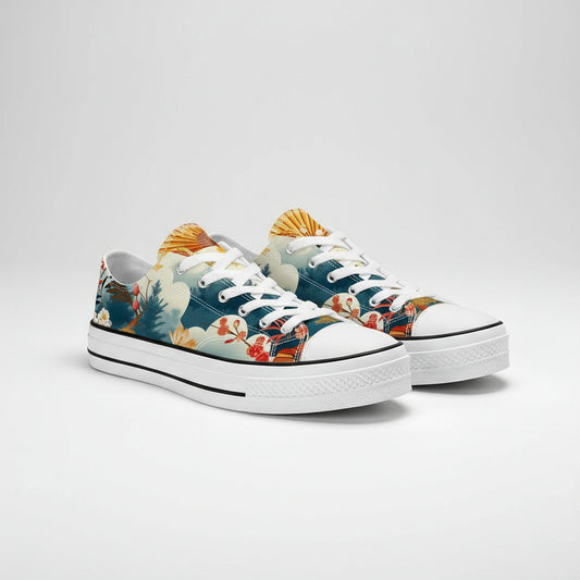 Colorful floral and animal patterned sneakers on a white background