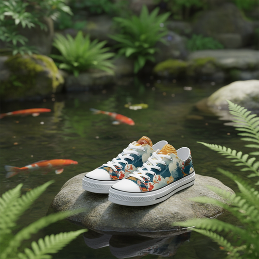 Pair of sneakers with fish design on a rock by a pond with koi fish.