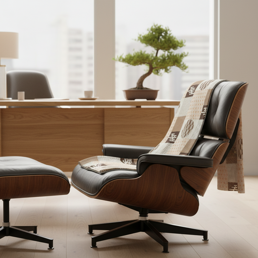Modern lounge chair with ottoman in a room with wooden desk and plant