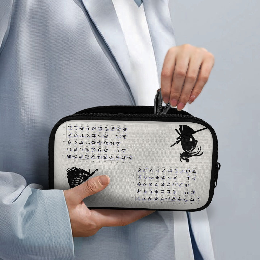 Person holding a black and white travel case with designs on a light gray background
