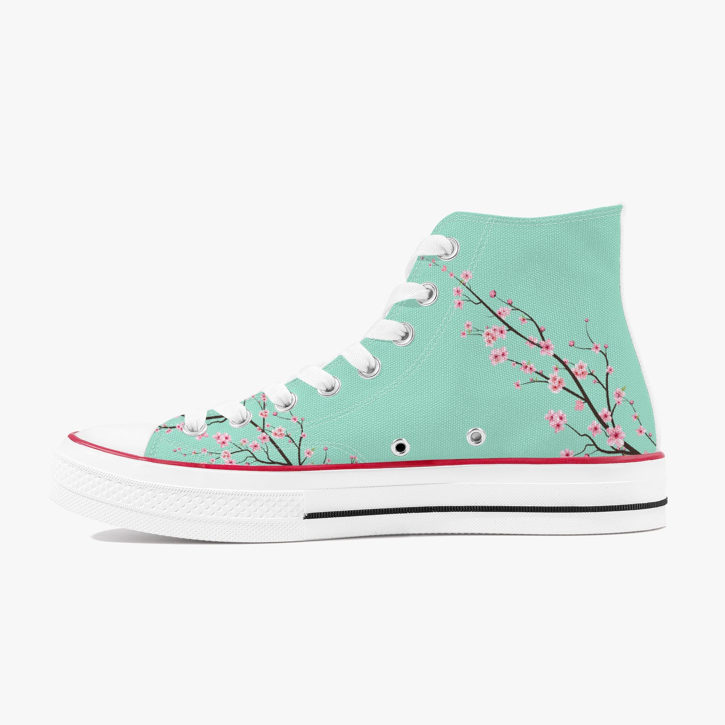 Mint green high-top sneaker with cherry blossom design on a white background
