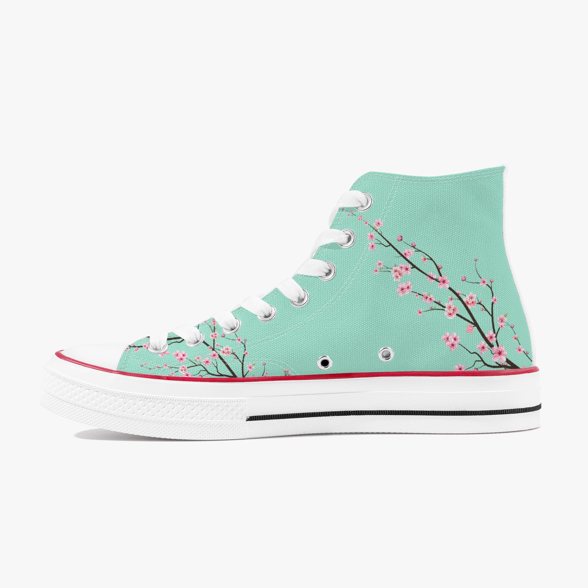 Mint green high-top sneaker with cherry blossom design on a white background