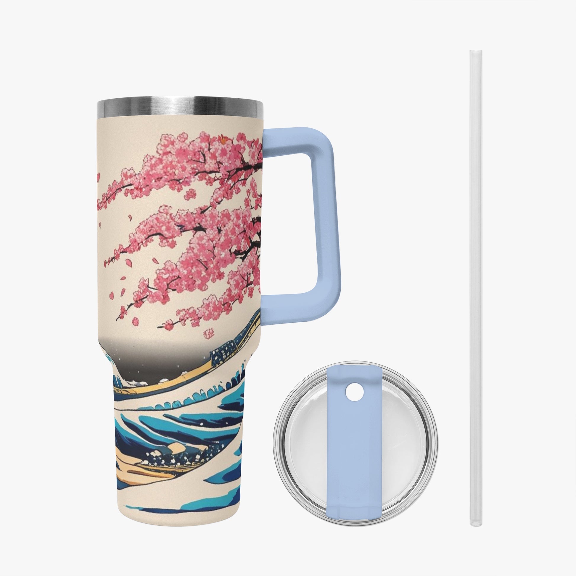 The Great Wave Tumbler Cup light blue handle