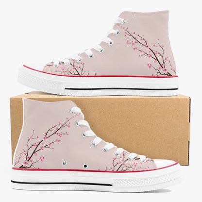 High-top sneakers with cherry blossom design on a beige background