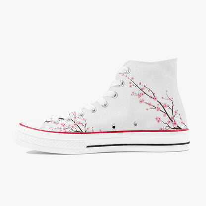 White high-top sneaker with cherry blossom design on a white background