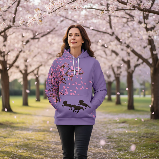 Woman wearing a purple hoodie with horse design in a cherry blossom garden