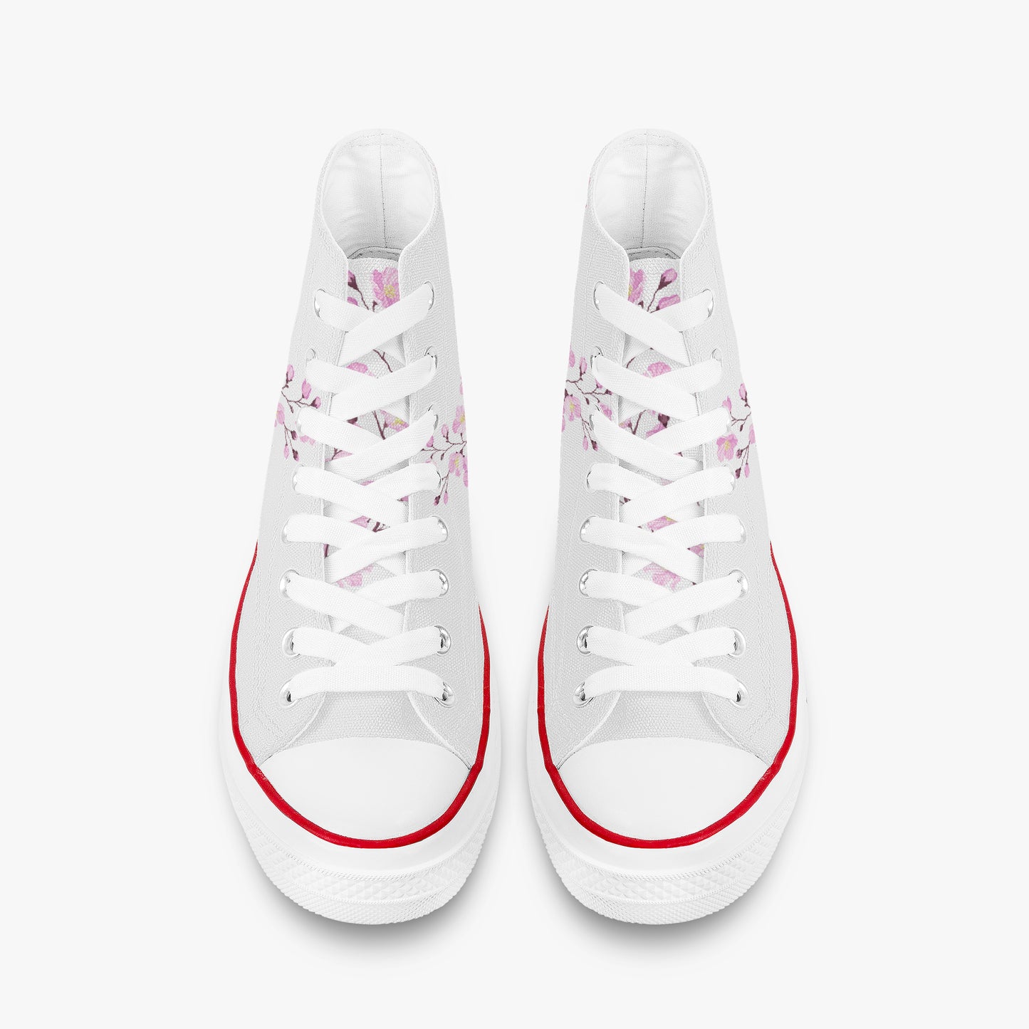 White sneakers with floral patterns and red accents on a white background