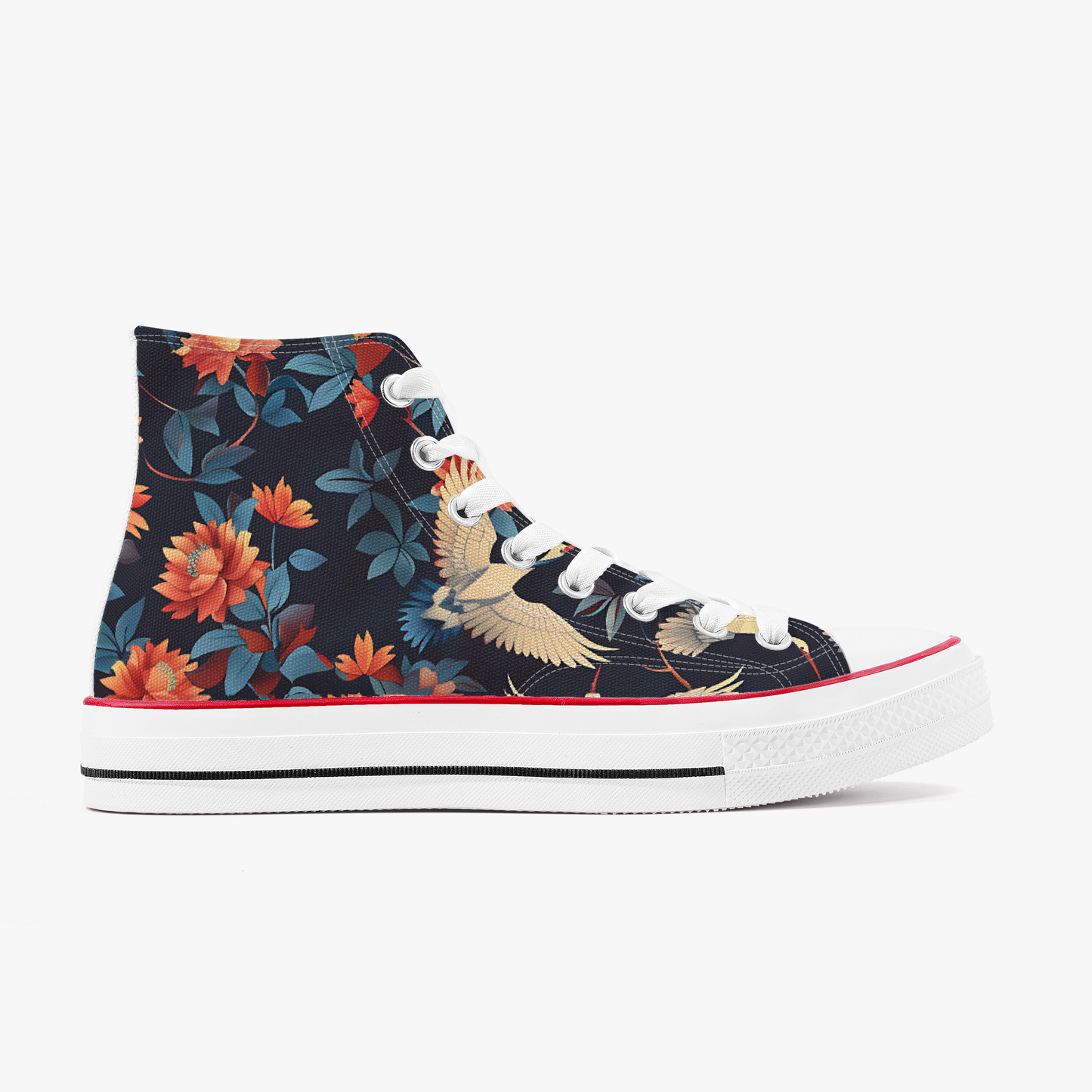 High-top sneaker with floral and bird design on a white background