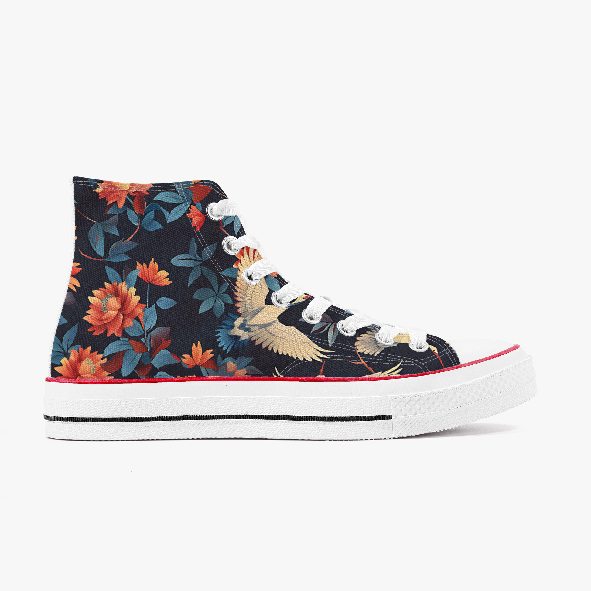 High-top sneaker with floral and bird design on a white background