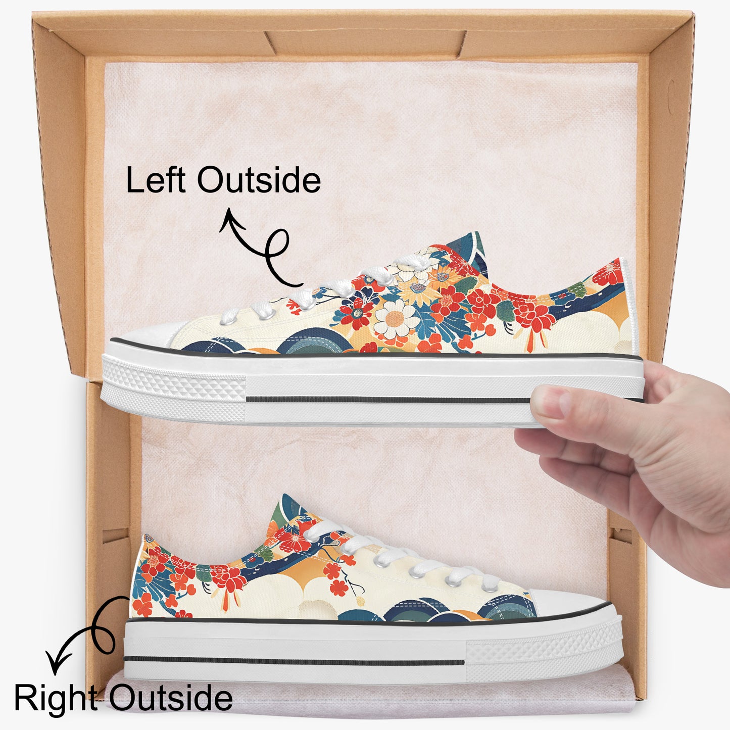 Colorful floral-patterned sneakers in a box with 'Left Outside' and 'Right Outside' labels.