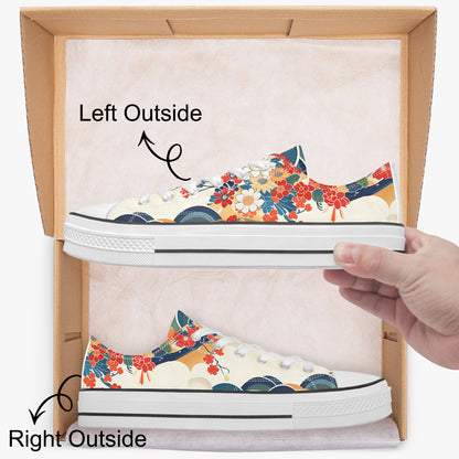 Colorful floral-patterned sneakers in a box with 'Left Outside' and 'Right Outside' labels.