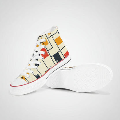 A high-top canvas sneaker featuring a light beige background with a dynamic pattern of black lines forming an irregular grid, overlaid with scattered red, orange, and dark blue rectangles and squares.