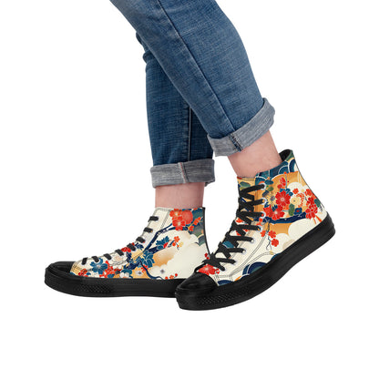 High-top sneakers with floral pattern worn by a person in jeans on a white background